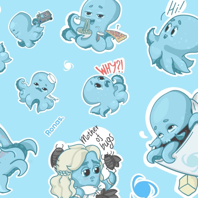 Sheet of cartoon octopus stickers with playful captions like Hi! and Why?!
