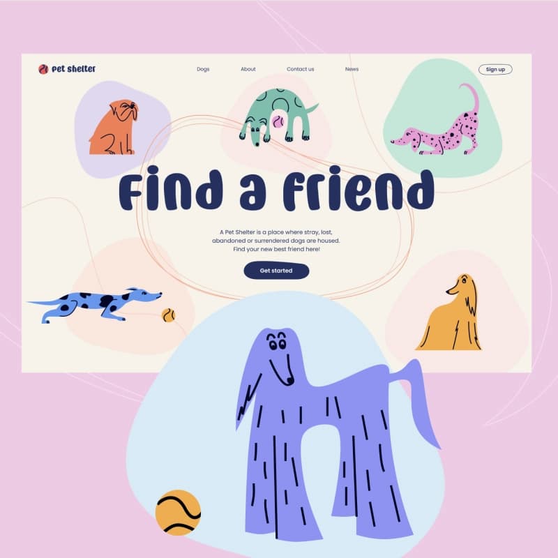 Pet Shelter website hero illustration with cartoon dogs and a Find a friend headline