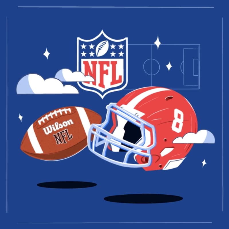 NFL-themed marketing illustration with a football, helmet, and league logo