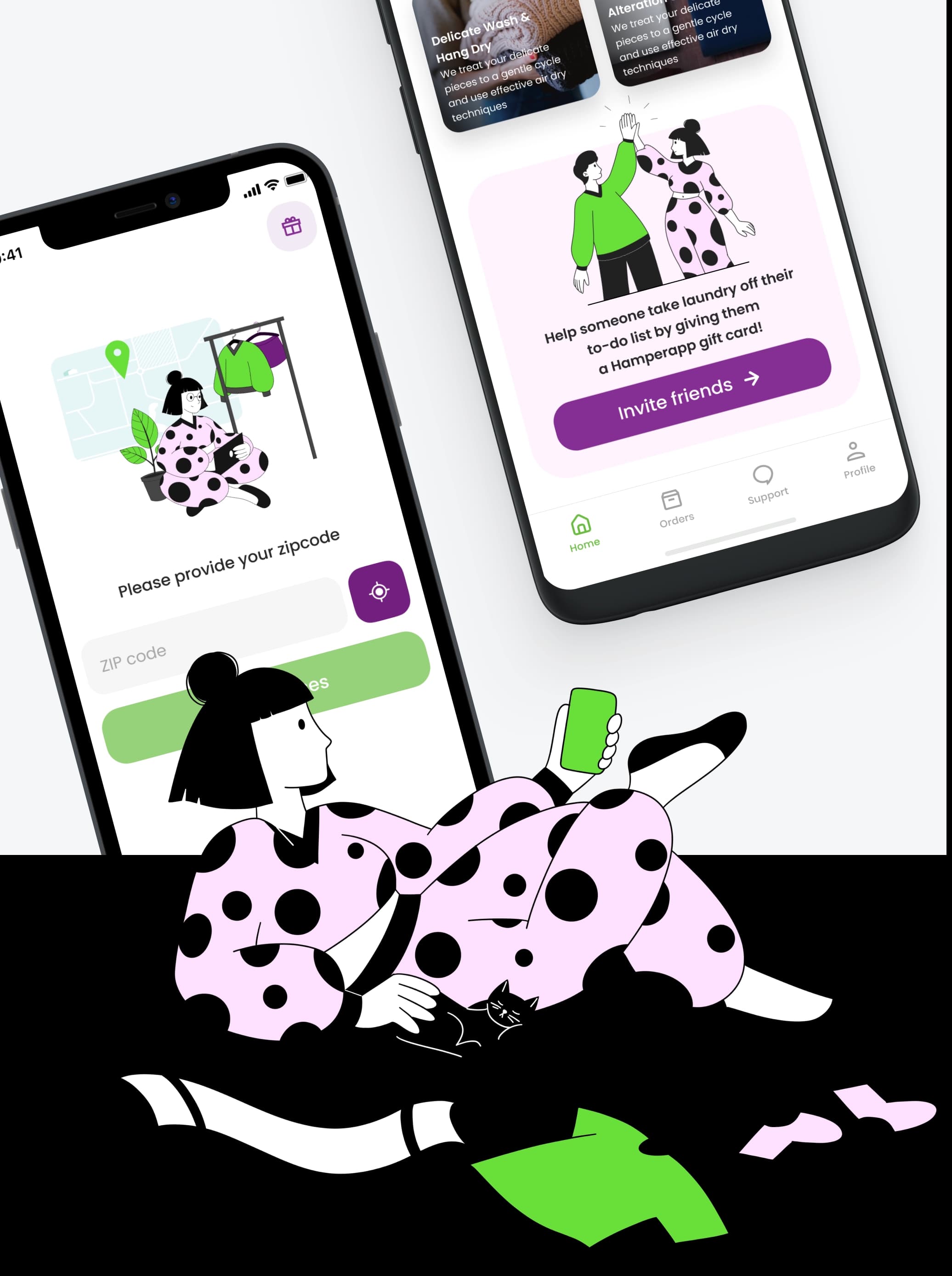 Custom illustrations in the Hamperapp laundry app interface