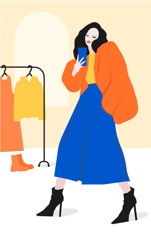 Illustration of a woman in an orange coat looking at her phone beside a clothing rack
