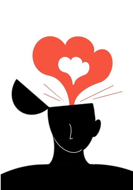 Illustration of a person's silhouette with a heart blooming from an open head