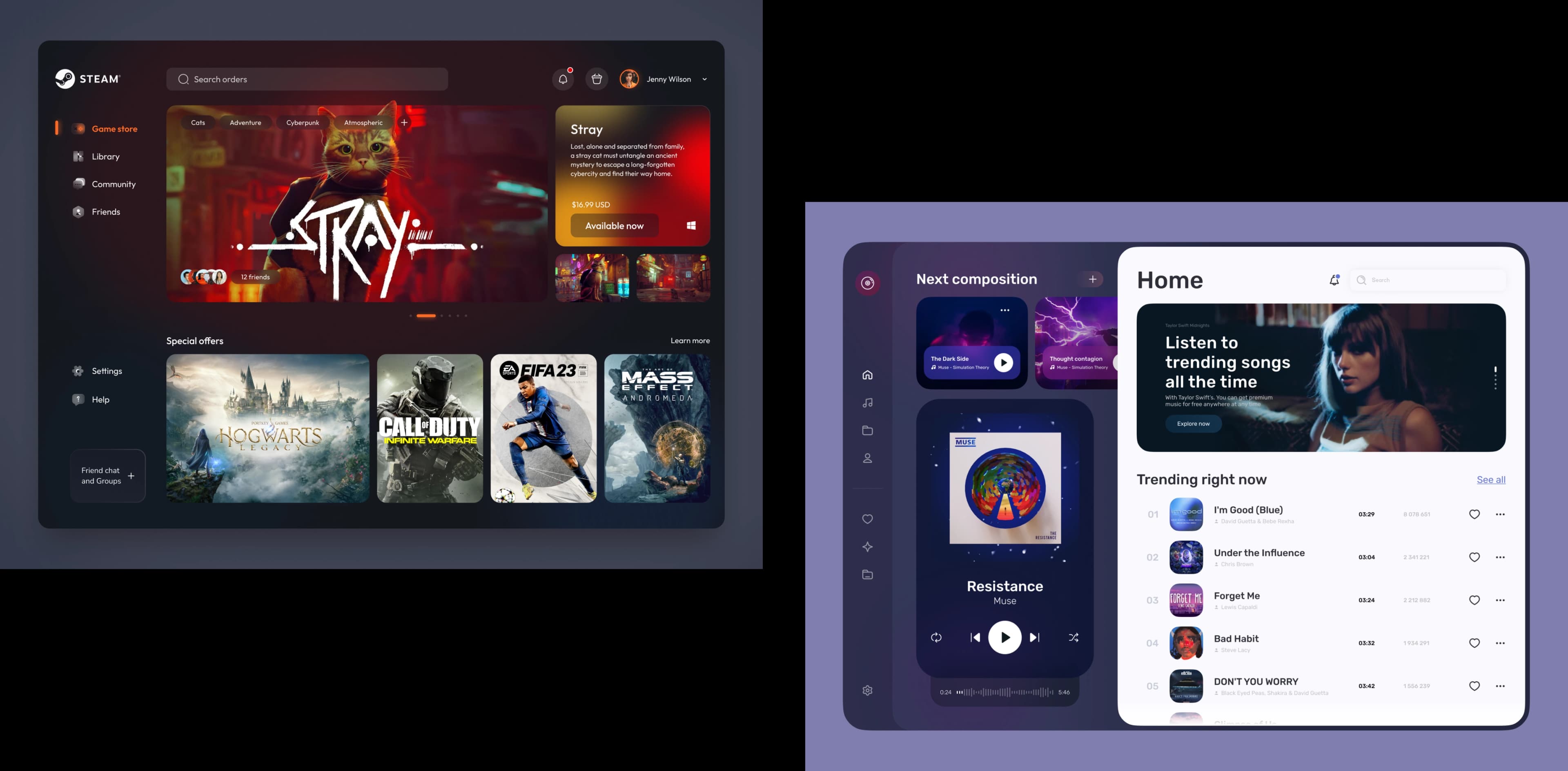 Desktop app windows showing the Steam game store and a music player app