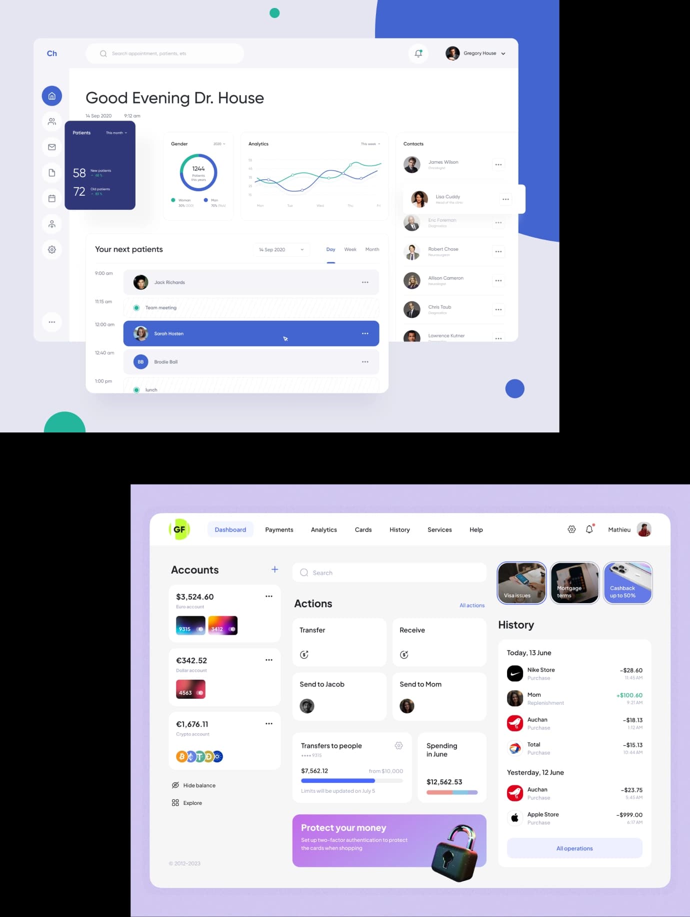 Desktop app windows showing a healthcare admin dashboard and a banking app