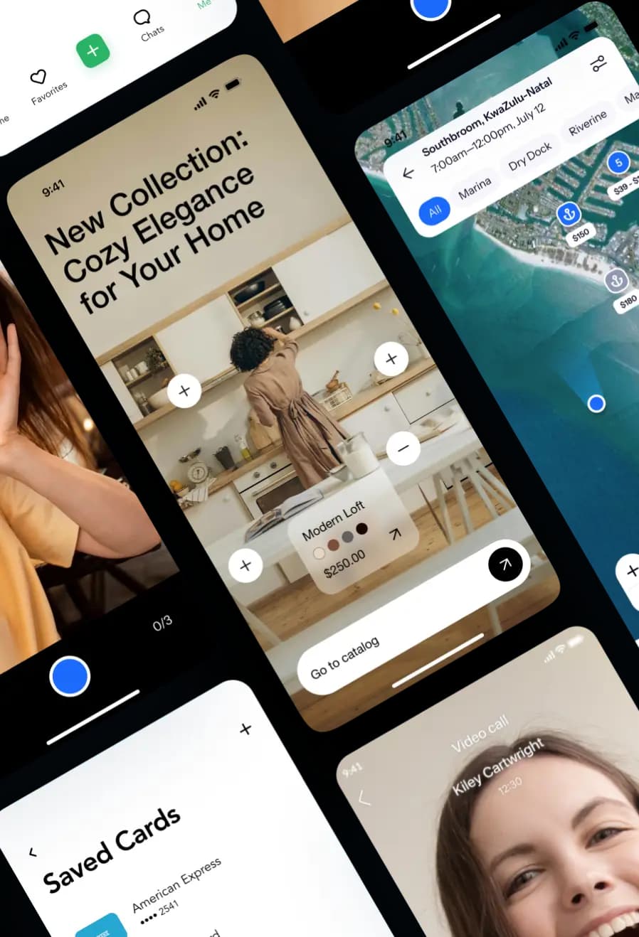 Cross-platform app screens showing a shopping catalog, marina map, saved payment cards, and video call.