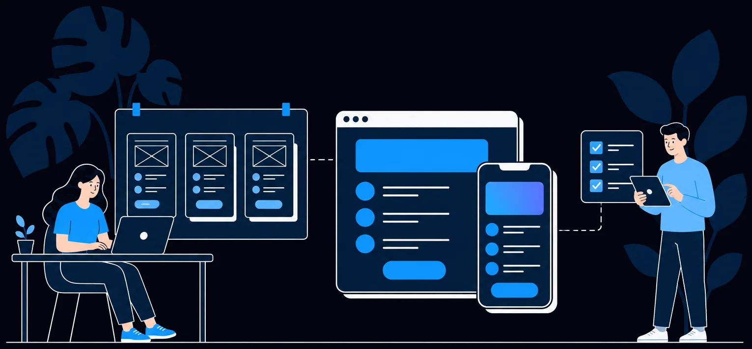 A designer sketches app screens, the same screen is built for a browser and a phone, and a tester ticks off a checklist.