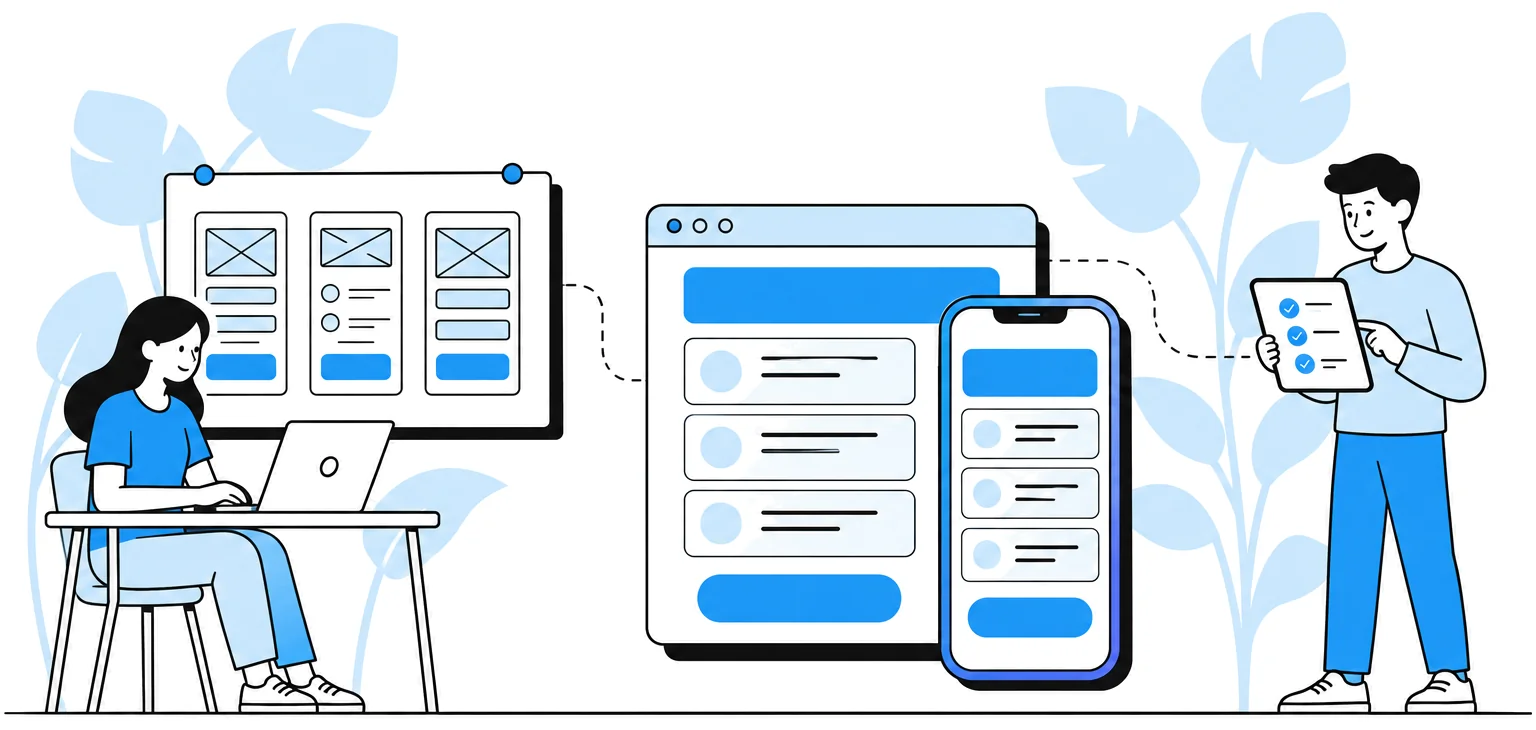 A designer sketches app screens, the same screen is built for a browser and a phone, and a tester ticks off a checklist.