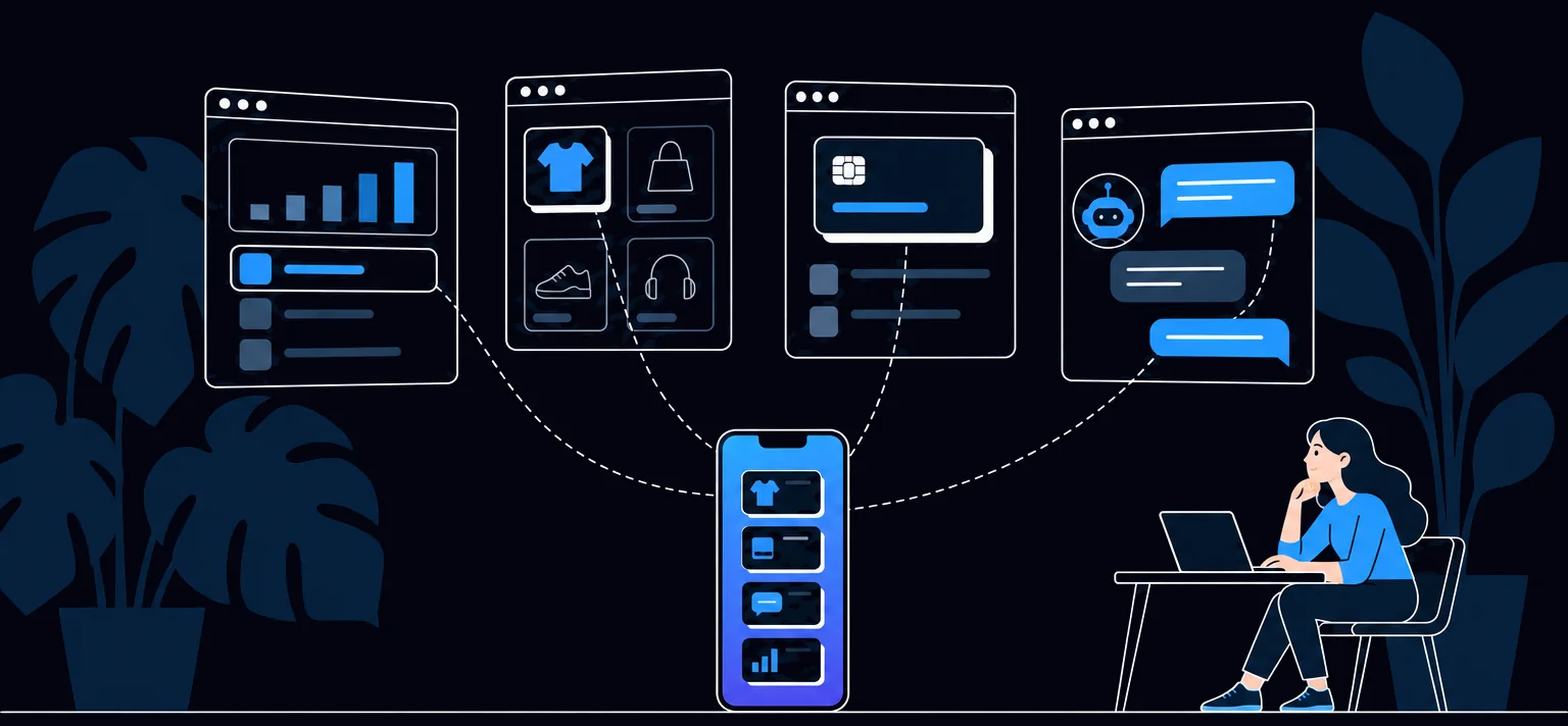 A dashboard, a storefront, a payment card and a chat window each send one piece into a small phone that holds the first release.