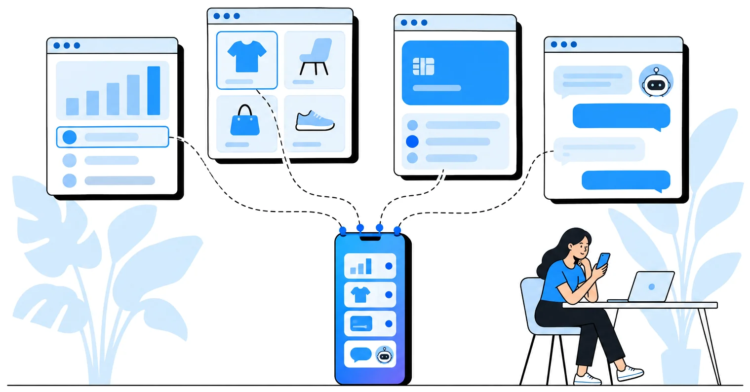 A dashboard, a storefront, a payment card and a chat window each send one piece into a small phone that holds the first release.