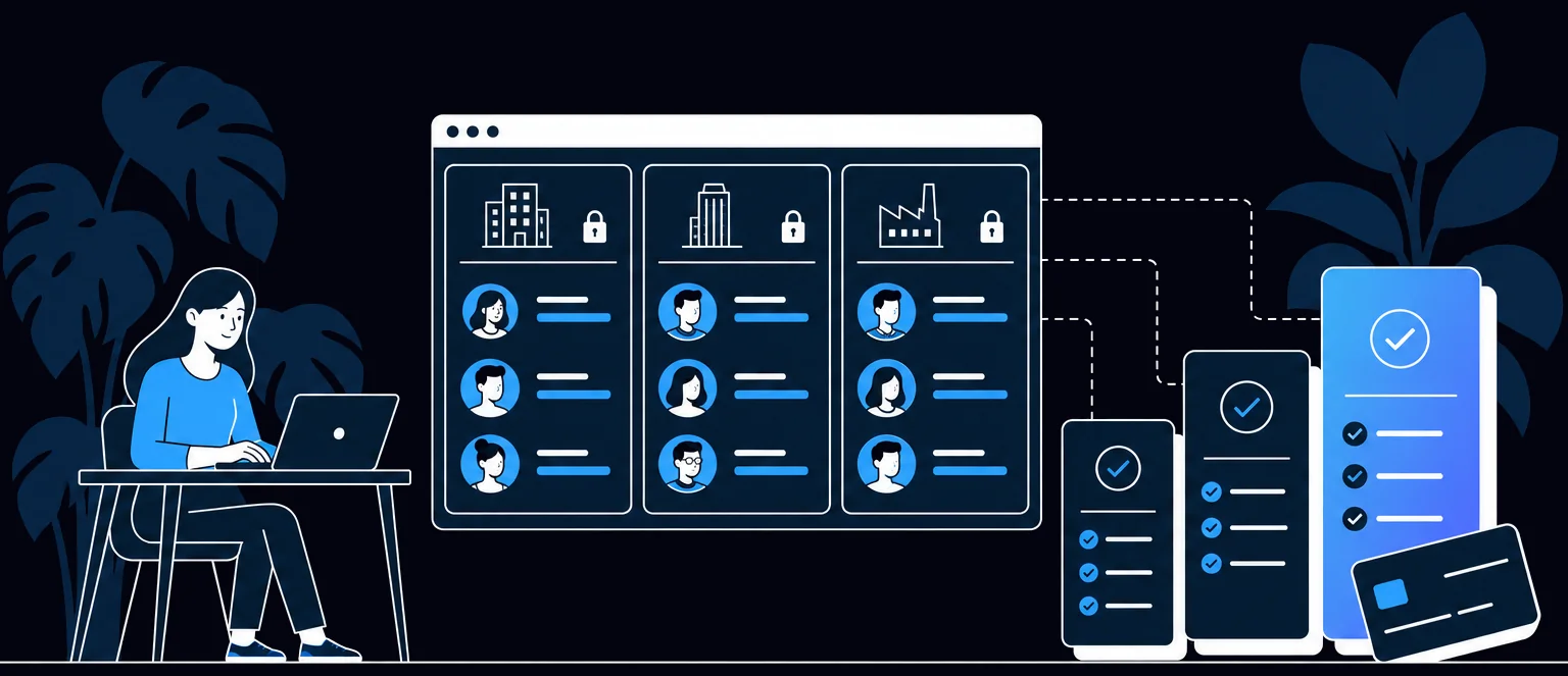 A woman at a laptop runs a SaaS product split into three locked customer workspaces, each linked to a plan card, with a payment card beside the plans.
