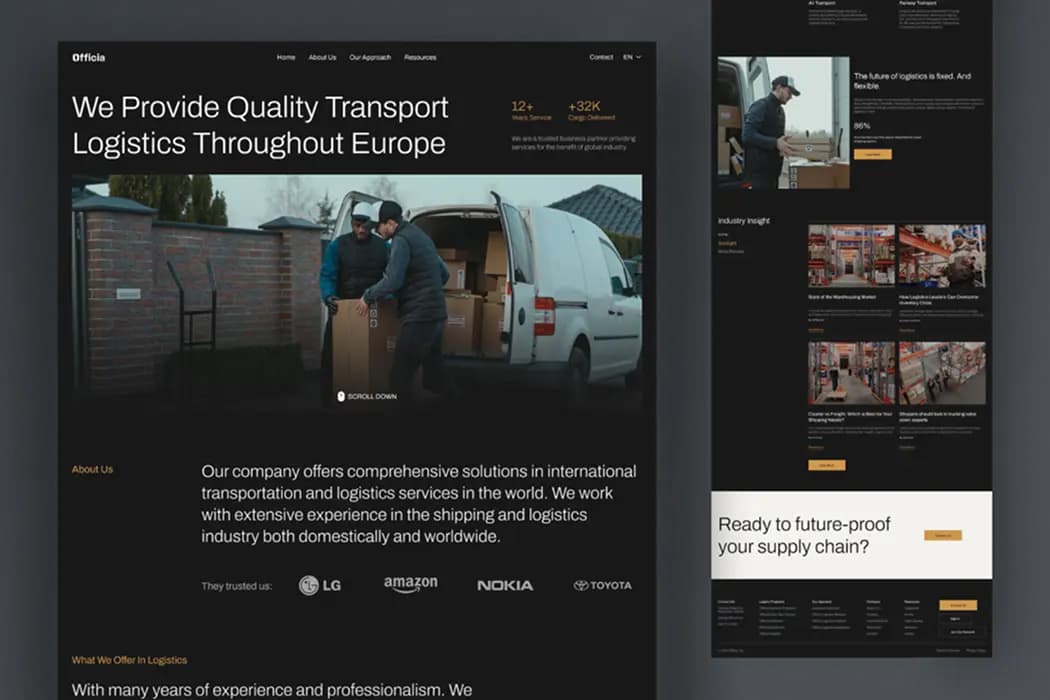 Logistics company website design with a dark theme