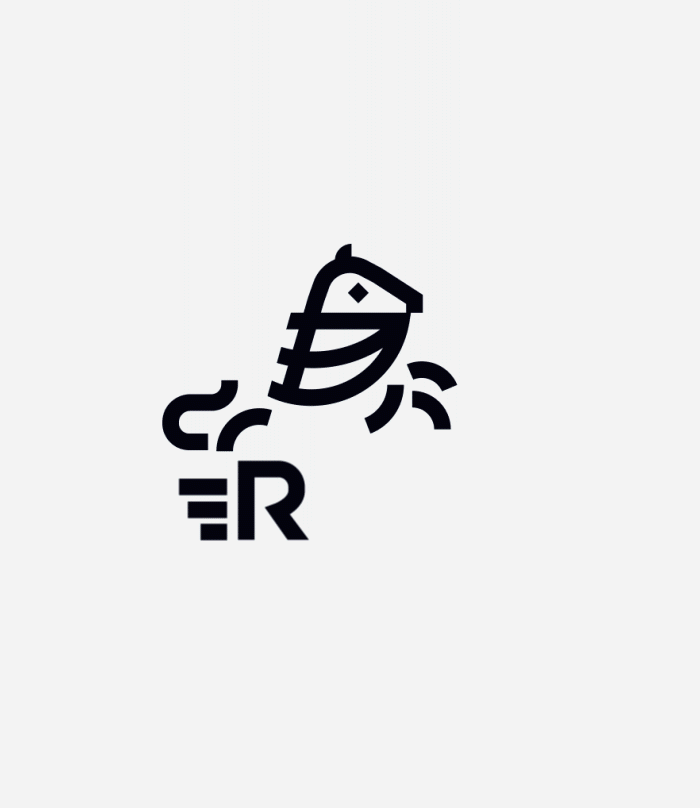 Fish-shaped letter R logo mark animation