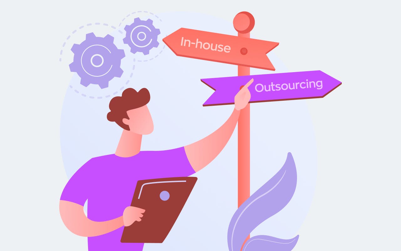 A cover image featuring a person standing at a signpost with two arrows pointing in opposite directions. One arrow points to "In-house" while the other arrow points to "Outsourcing." The person is gesturing towards the "Outsourcing" direction.