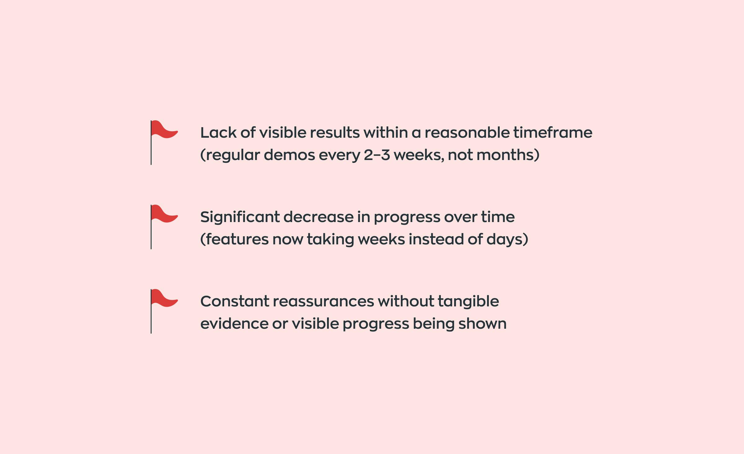 The picture highlights important warning signs to consider when selecting a software development company. The list includes: 1. Lack of visible results within reasonable timeframe (regular demos every 2-3 weeks, not months). 2. Significant decrease in progress over time (features now taking weeks instead of days). 3. Constant reassurances without tangible evidence or visible progress being shown.