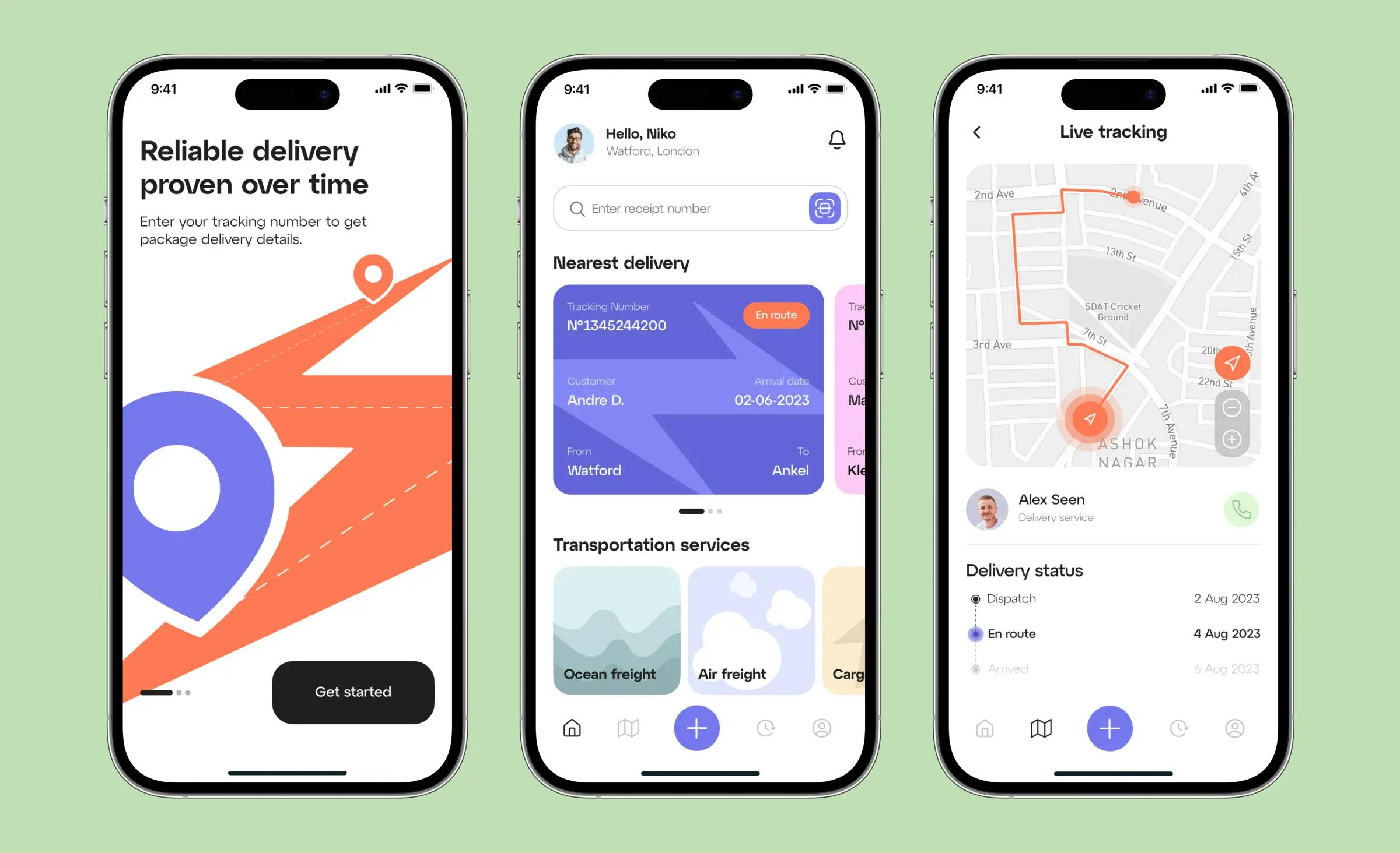 The image showcases an example of a shipping mobile app designed by Ronas IT. It depicts three mobile app screens: the onboarding screen, the main page, and the map for live tracking. The company offers both design and logistics software development services.