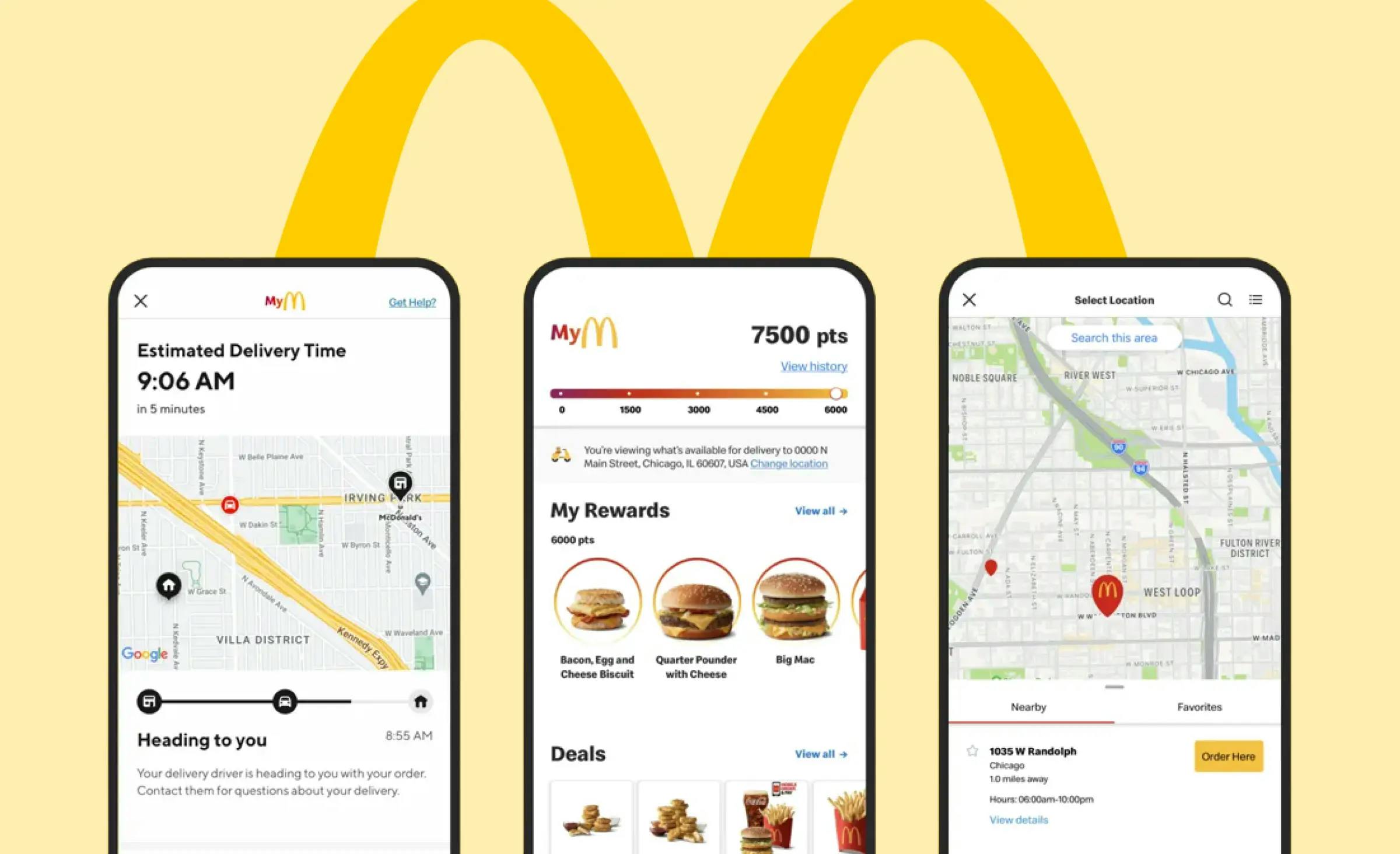 The image shows McDonald's mobile app screens: delivery progress on a map, a user profile, and a map with the nearest restaurants. The picture serves as an excellent example of restaurant-to-consumer food delivery app development.