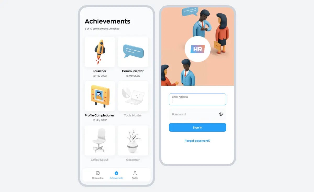 An image depicts two screens of an HR mobile app. The first screen shows an employee's profile with a list of achievements. It indicates that 3 out of 10 achievements are unlocked. The achievements include: Launcher, Communicator, Profile Completer, Tools Master, Office Scout, and Gardener. The second screen displays a sign-in page for an HR role. It prompts the user to type in an email address and a password, featuring a sign-in button and a "forgot password" button.