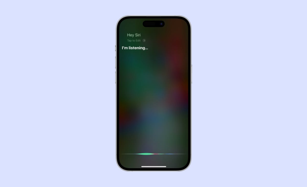 The image depicts the screen of an iPhone with a Siri dialogue box, representing the AI implementation in software development. The text on the screen reads "I’m listening".