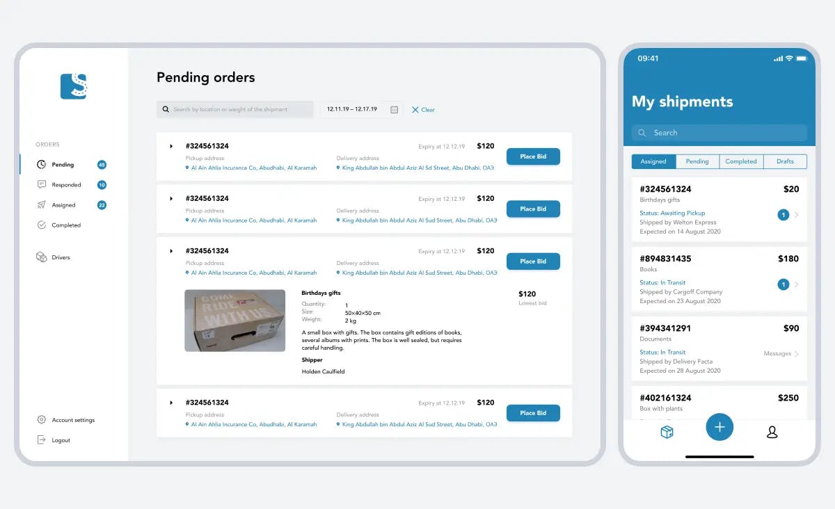 An image depicts two screens of the ShipMe application. The first screen is a web app view showing a corporate administrator's profile and the pending orders page. The second is a mobile app screen that displays a customer's profile on the 'My Shipments' page.