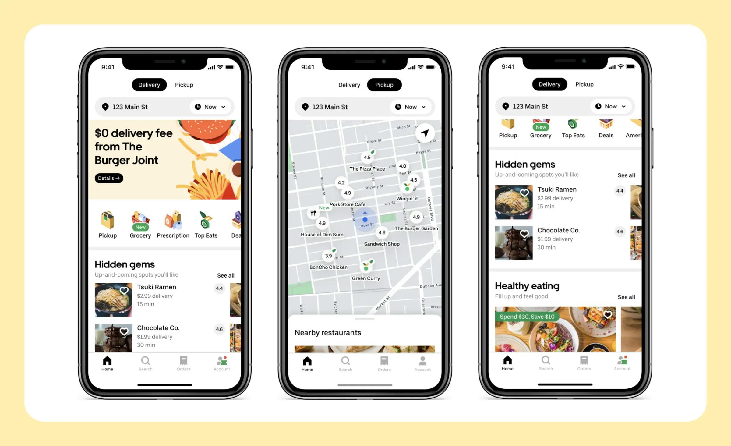 An image shows three screens of the Uber Eats mobile applications: list of the nearest restaurants, city map, search categories. It shows a good example of a platform-to-consumer food delivery app development.