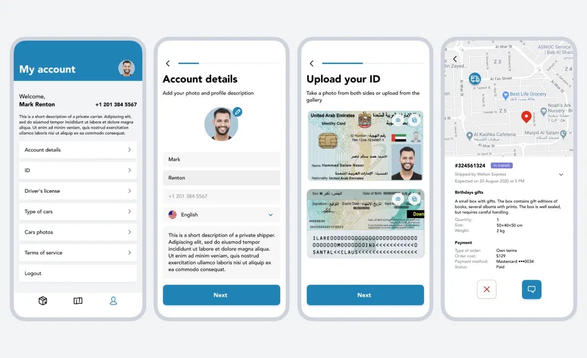 An image displays four screens of an individual carrier's profile within an app. The first screen is the starting page featuring a menu with the following options: 'Account Details,' 'ID,' 'Driver's License,' 'Type of Cars,' 'Car Photos,' 'Terms of Service,' and 'Logout.' The second screen presents the carrier's Account Details, including their photo, name, surname, phone number, spoken languages, and a short description. The third screen reveals the driver's ID card. The fourth screen depicts a map that navigates the carrier towards a destination.