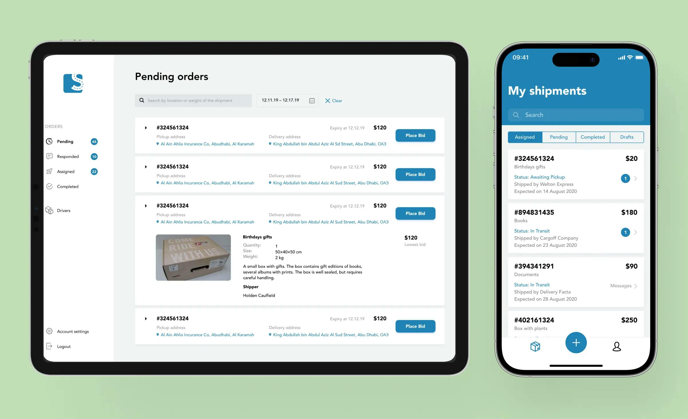 The ShipMe application integrates both mobile and web logistics software development for efficient management of the delivery process. The image displays a web app for corporate managers open on a pending orders page, along with a mobile screen for the client open on the 'My Shipments' page.