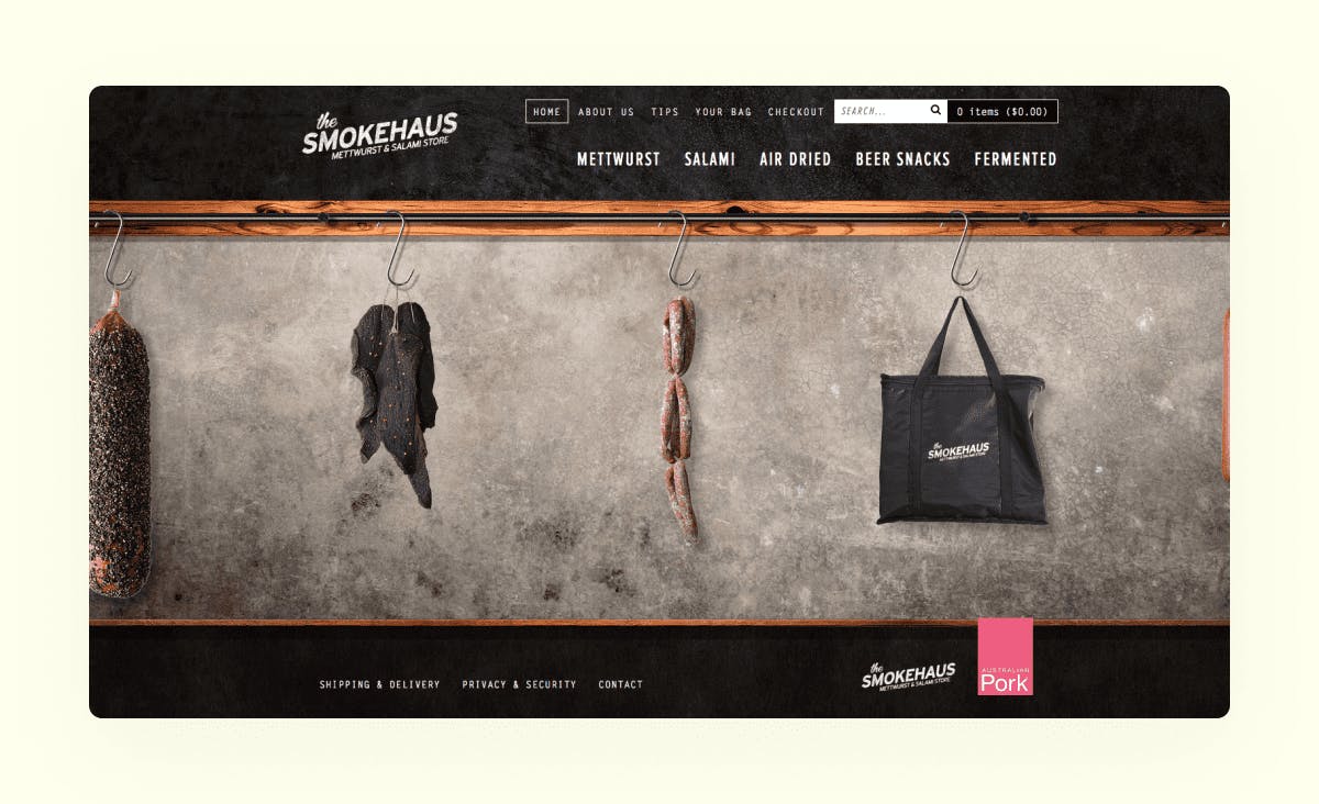 An example of an e-commerce website actually built using the WooCommerce e-commerce builder. The Smokehouse sells meat and salami products, as well as their own merchandise. The design is executed in a rugged style and utilizes a dark color palette.