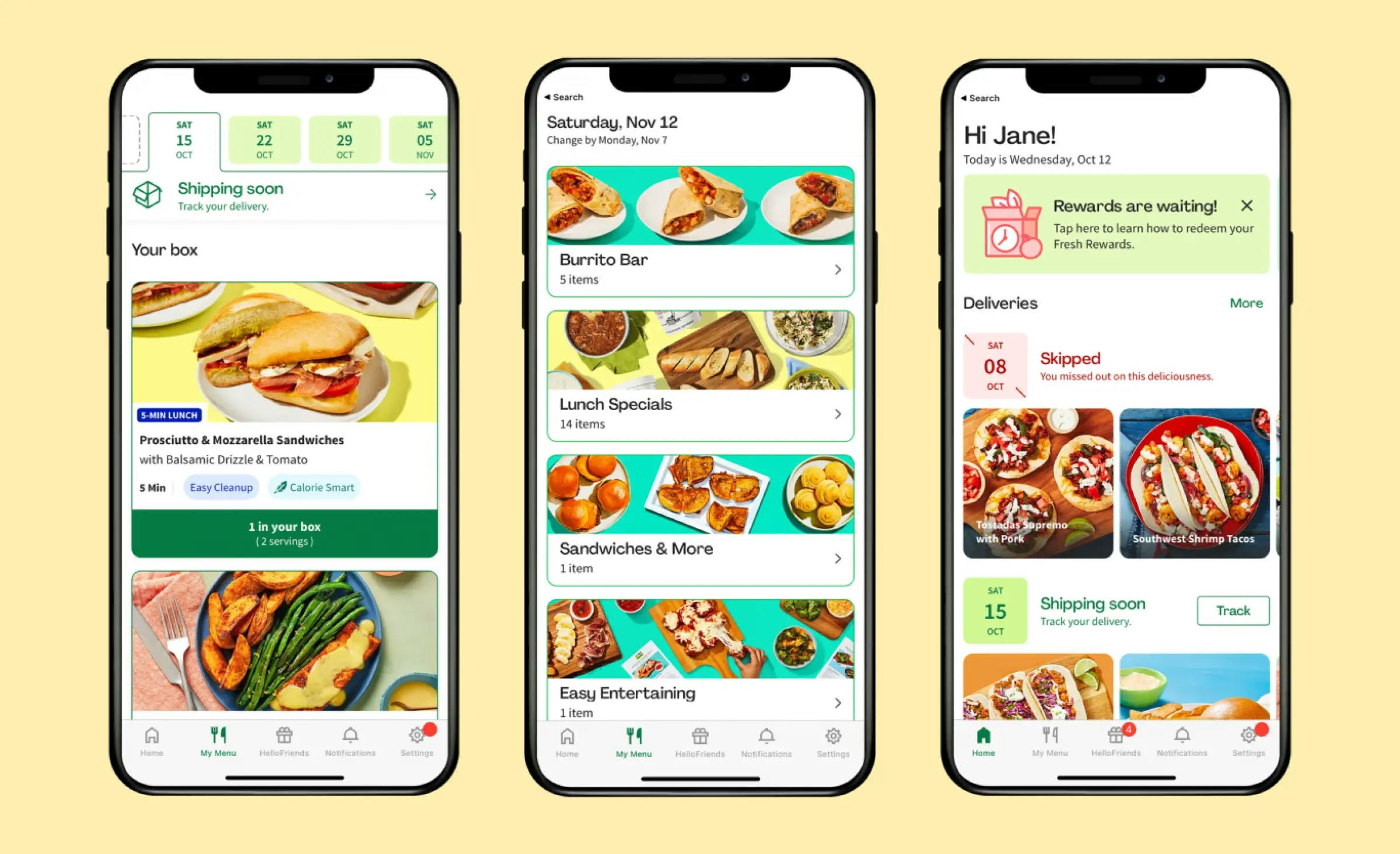 The image showcases three screens from the HelloFresh mobile application: a customer's box, menu categories, and a home page. This serves as a good example of grocery delivery app development.