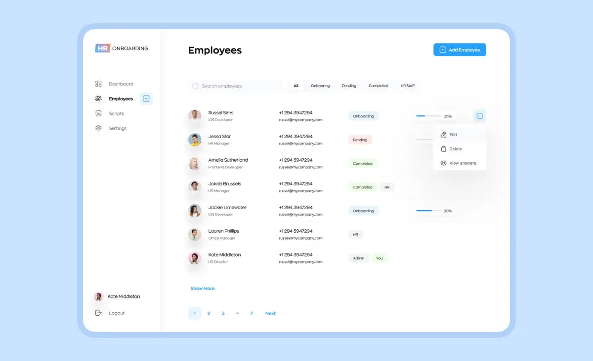 Another screenshot of and HR platform autoating business workflow of the company. Th screen demonstrates the list of employees with their data making it easier to contact them instantly.