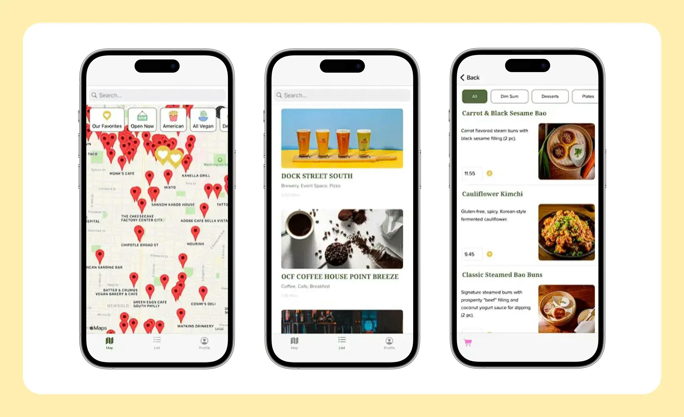 The image displays three screens from the Live Better application for vegans: a map indicating available restaurants, a list of restaurants, and a menu. This is a suitable illustration of on-demand food delivery app development.