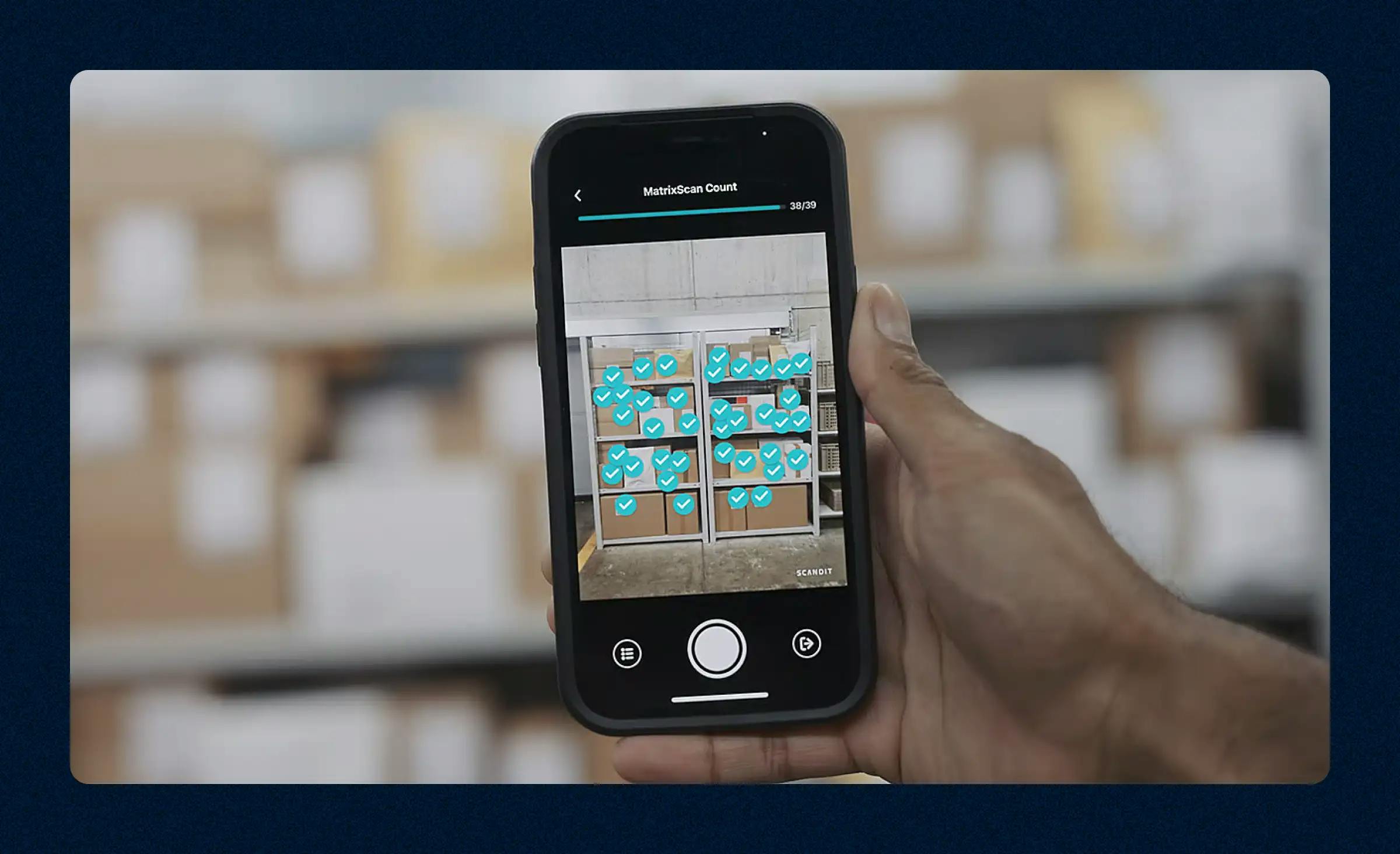 A screenshot from a Scandit commercial video demonstrates how the app uses enterprise AI technology to scan and identify boxes.