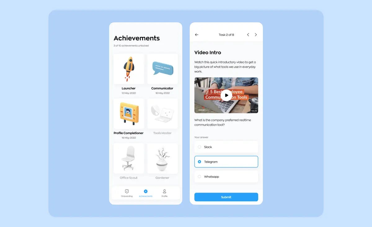 A mobile version of an HR tasks on the employee&spos;s side. The first screen shows an Achievements board and the second one offers to watch a video intro about the company and then to pick a preferable messenger.