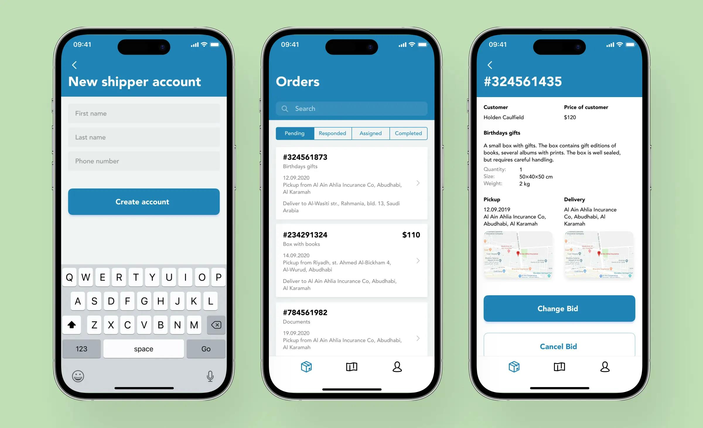The image shows three ShipMe mobile app screens from the shipper application, including shipper account creation, the order list, and a bid page.