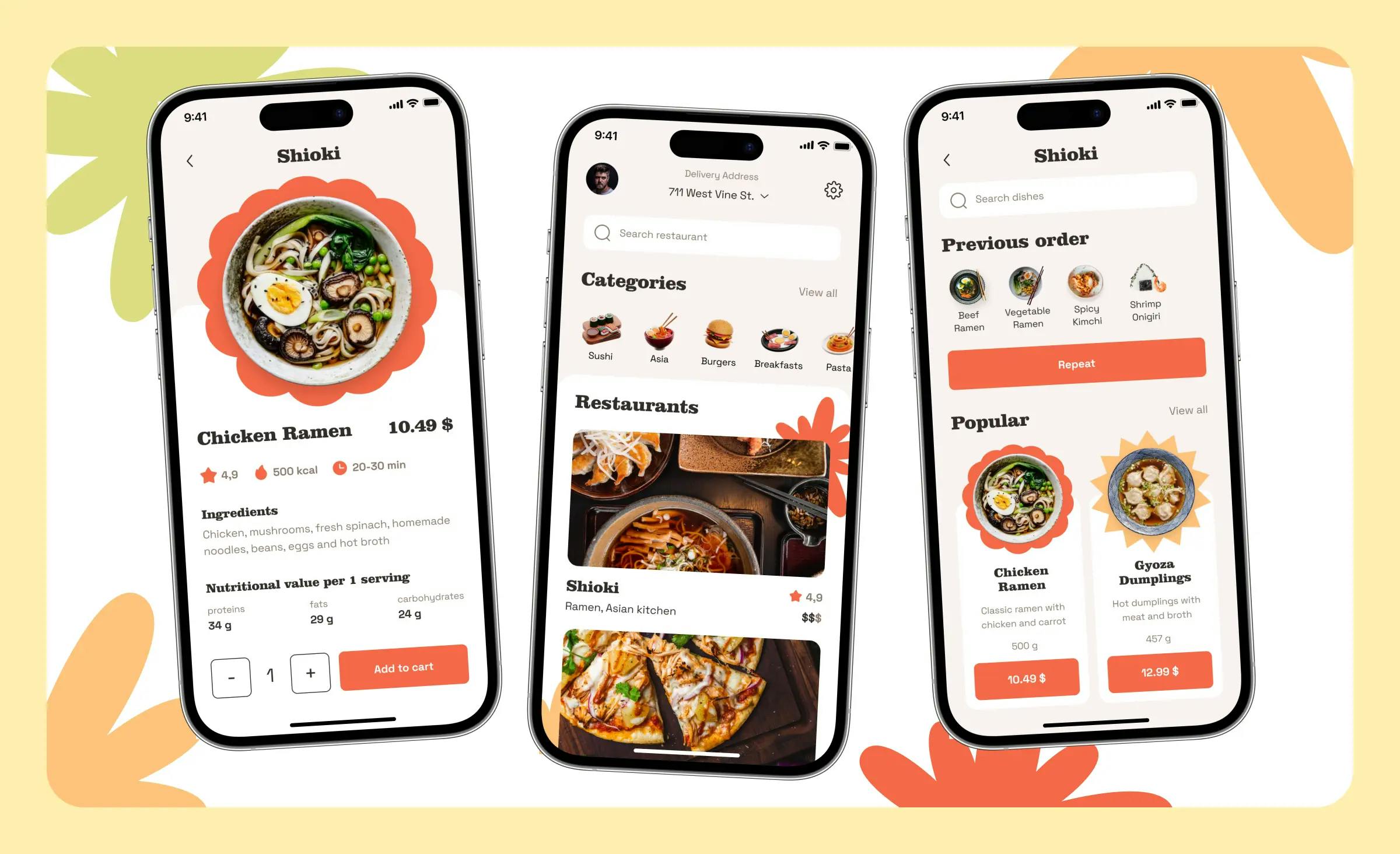 The image is a food delivery app design concept, created by the Ronas IT design team, displaying three screens of the application. The first screen presents a dish description, the second shows categories along with a list of restaurants, and the third represents a user's previous orders and favorite meals.