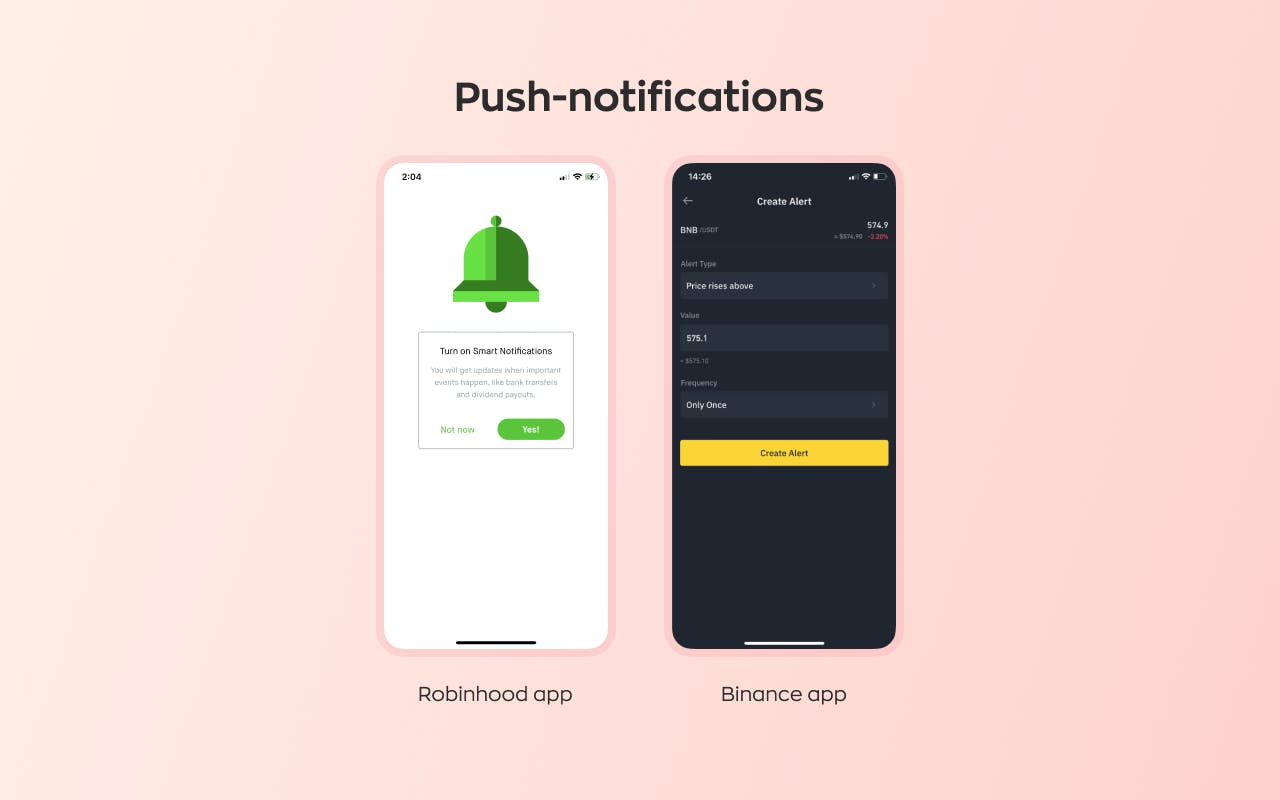 Guide to custom trading platform development: push notifications from Robinhood and Binance apps