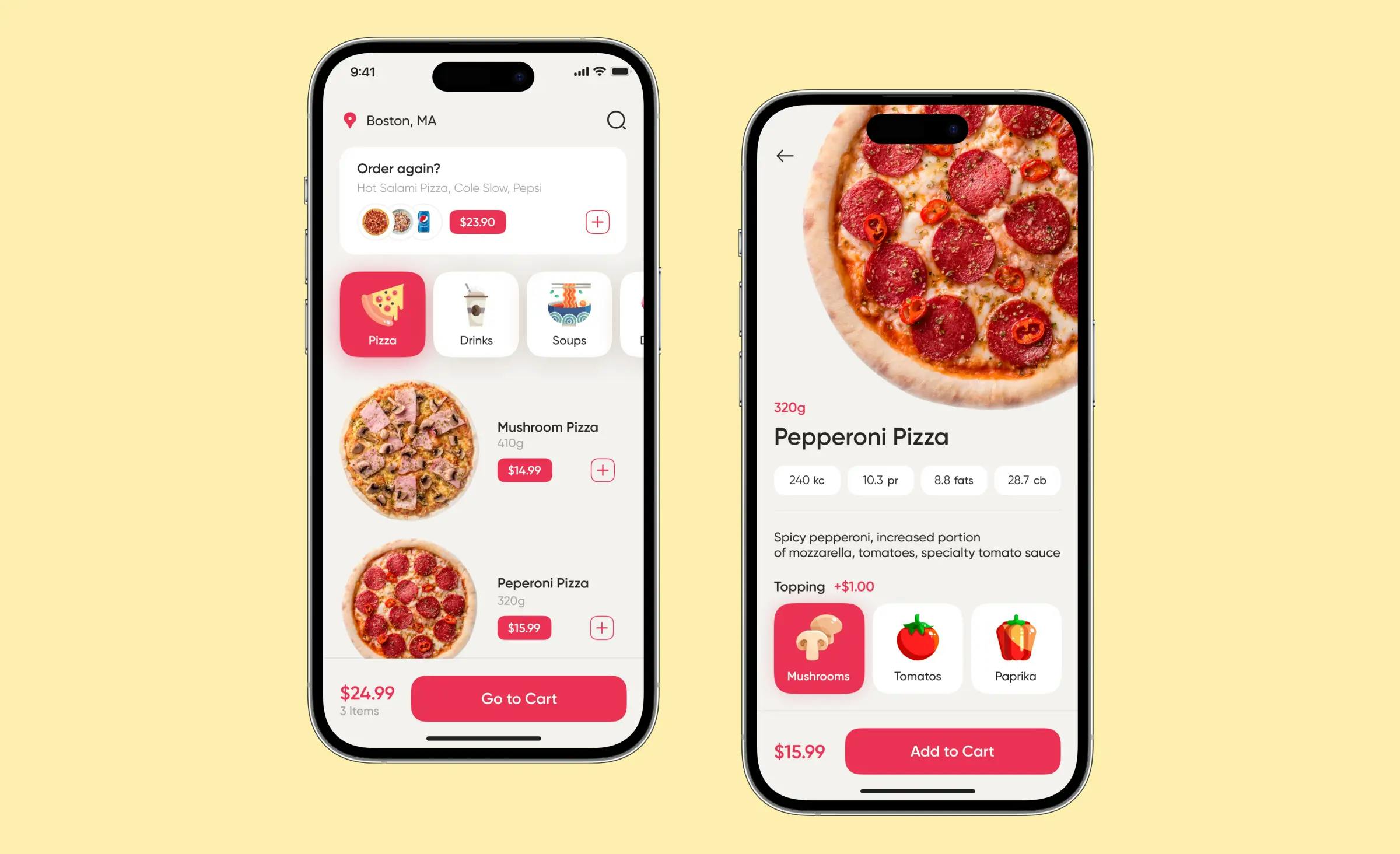 The image shows a pizza delivery app design concept for a single restaurant, created by Ronas IT. It displays two mobile screens; one screen presents the menu and its categories, while the other provides a description of a pizza.