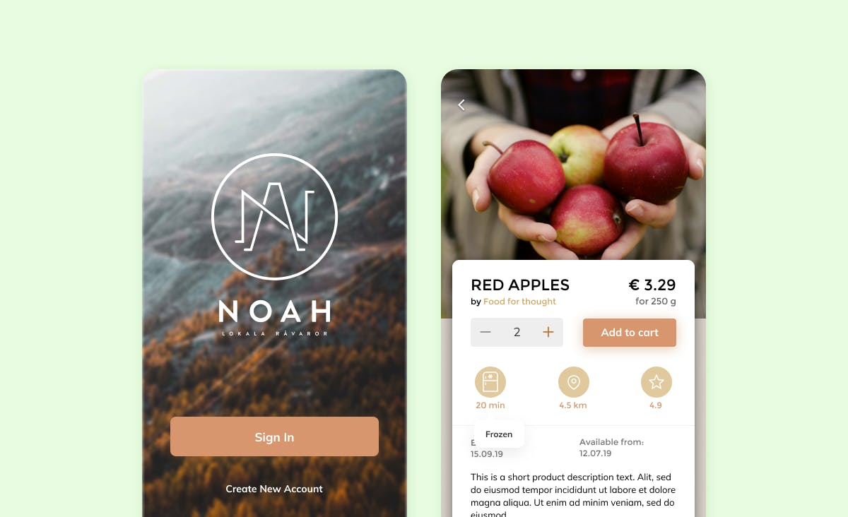 The design of the Noah Mobile App’s starting screen features a logo with the letters ’A’ and ’N’ enclosed in a circle. Another screen shows a product card reflecting the app’s branding style, characterized by its ochre colors, unique font, and strategic product image placement