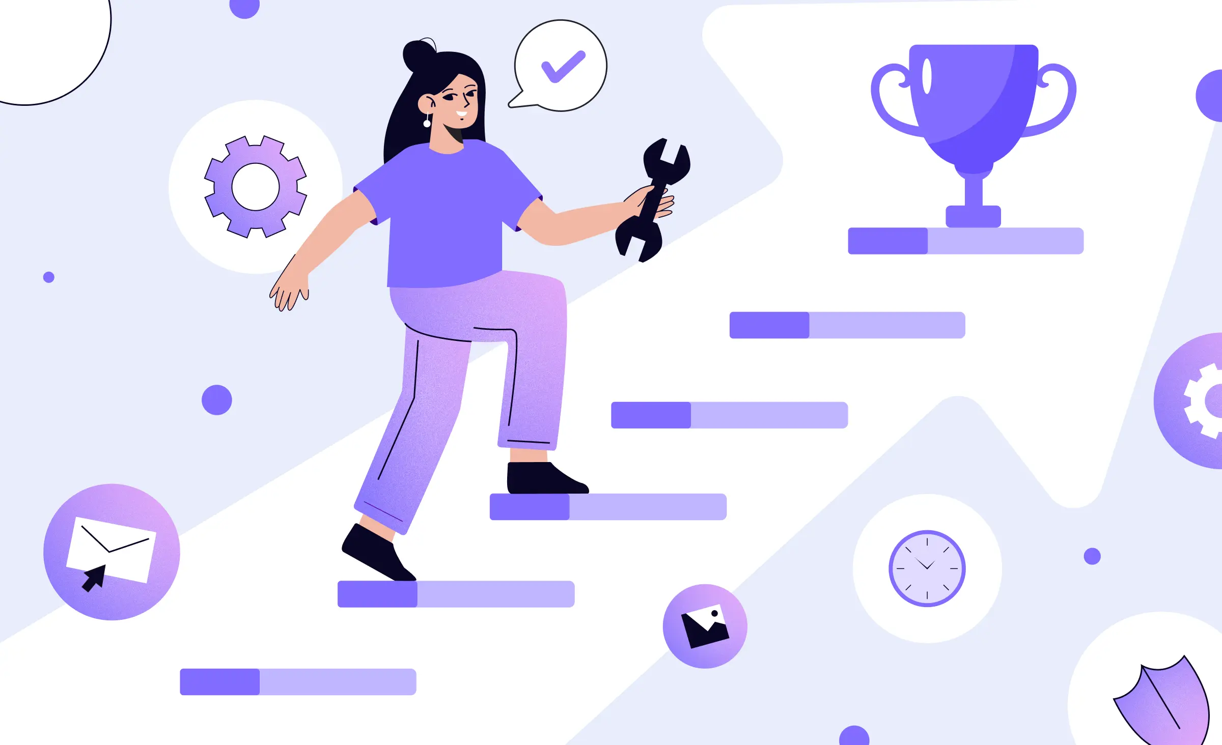 An illustration of a person holding a wrench and climbing a staircase of progress bars towards a trophy